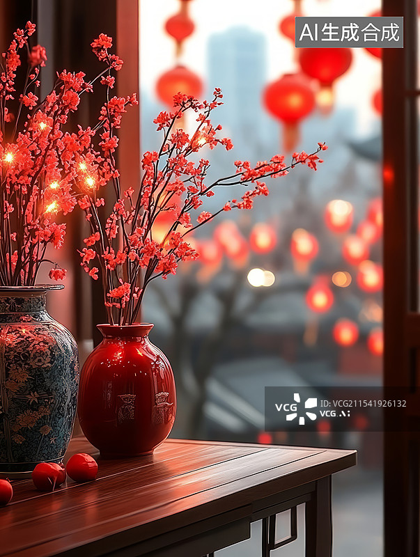 【AI数字艺术】中式传统红色花瓶摆件和春节喜庆氛围背景图片素材