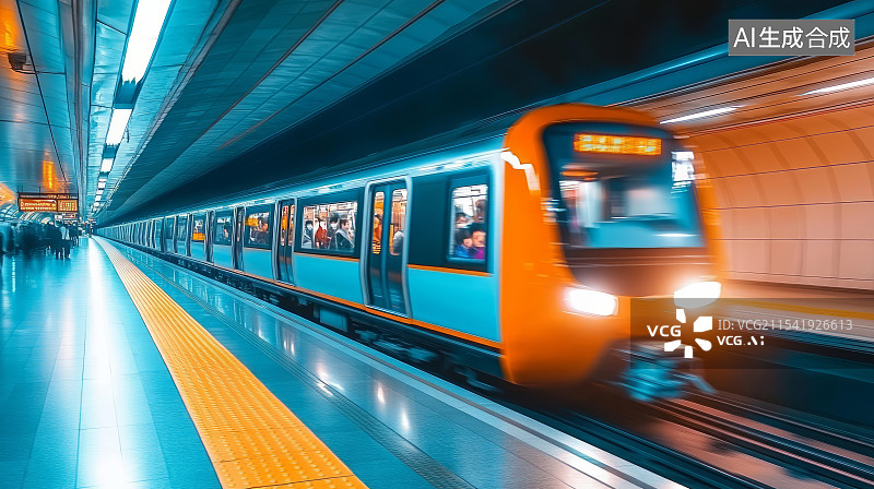 【AI数字艺术】现代城市地铁快速穿梭站台背景图片素材