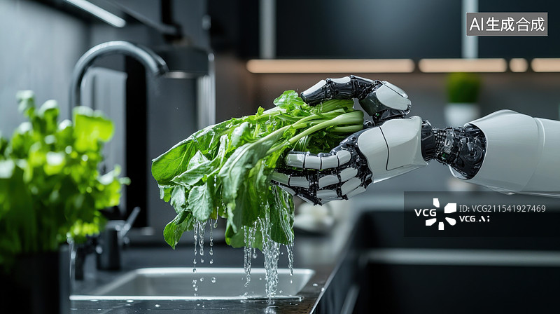 【AI数字艺术】人工智能机器人厨房洗菜图片素材