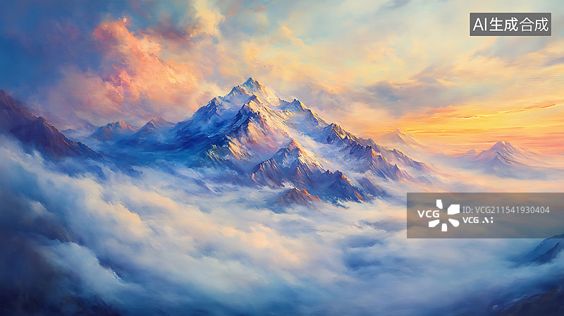 【AI数字艺术】夕阳下的雪山云景油画图片素材