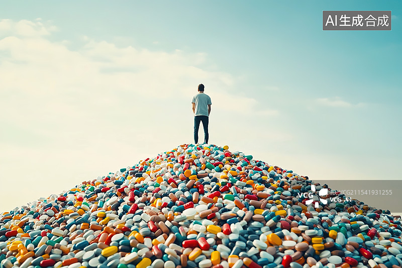 【AI数字艺术】一个人站在堆积成山的药山上象征着对健康的憧憬图片素材