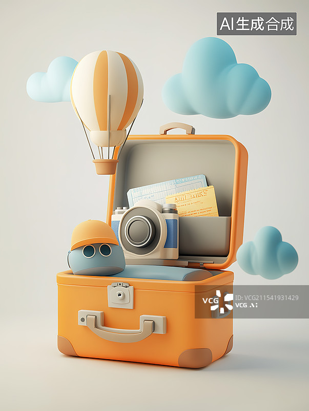 【AI数字艺术】3D卡通风格旅行箱热气球旅行概念插画图片素材