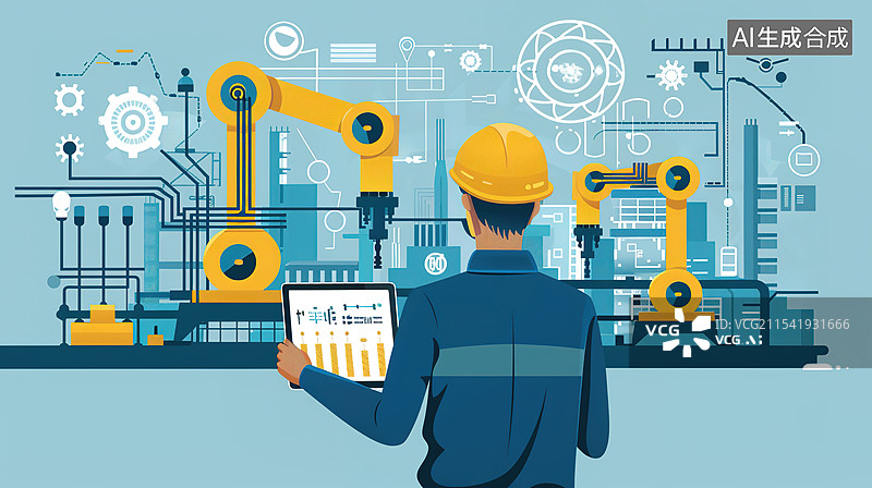 【AI数字艺术】现代化工厂车间工人利用智能化设备控制机械臂工作场景插画——新质生产力概念图片素材