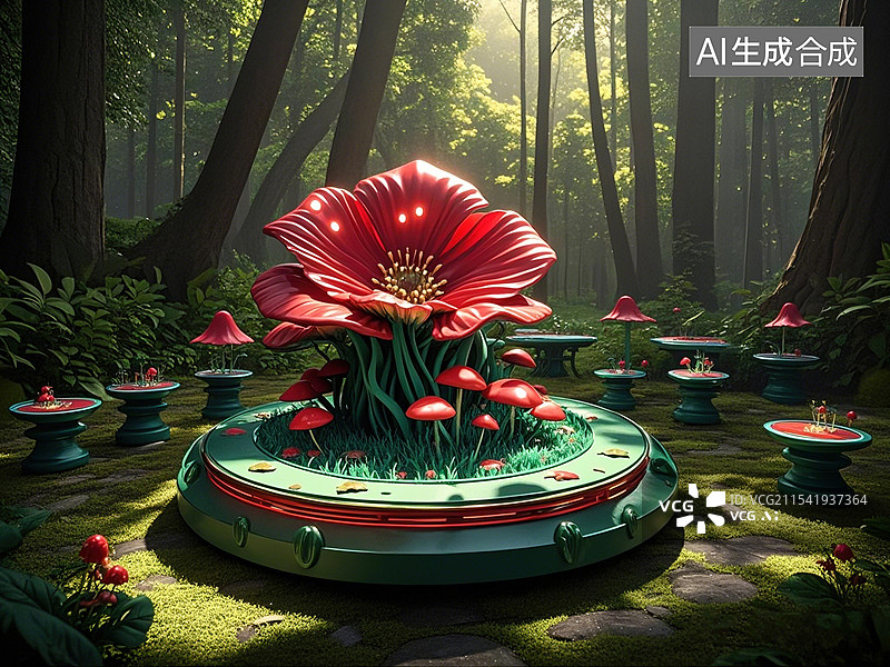 【AI数字艺术】奇幻森林中的巨型花朵图片素材