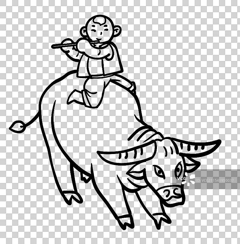 吹笛子的牧童卡通线条画元素图片素材