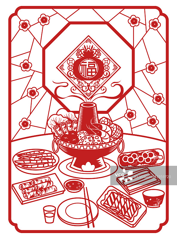 中式花窗形火锅梅花剪纸图片素材