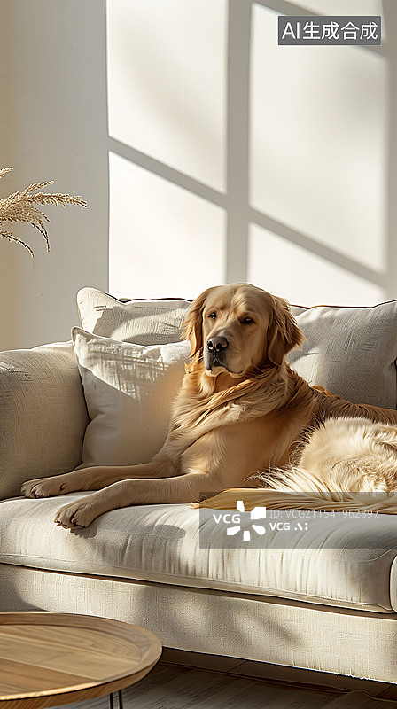 【AI数字艺术】坐在沙发上的金毛犬图片素材