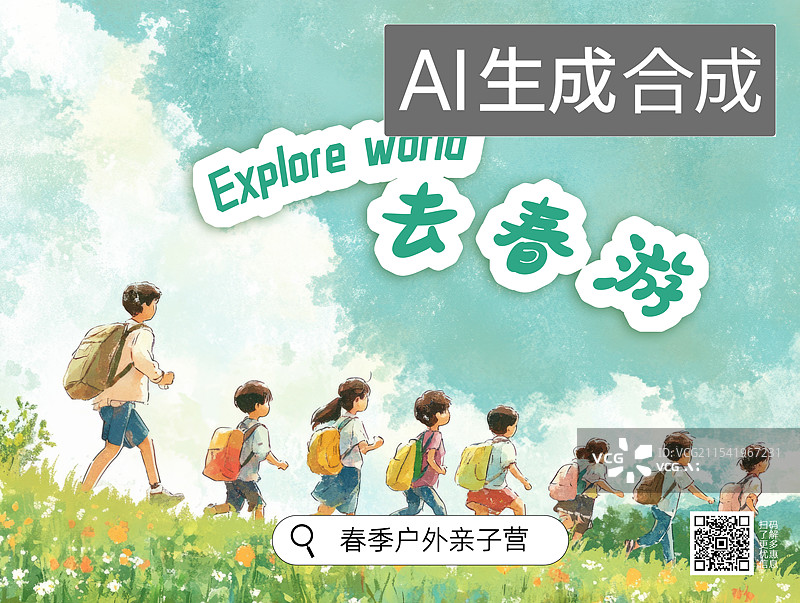【AI数字艺术】春日郊游踏青，儿童节可爱风海报图片素材