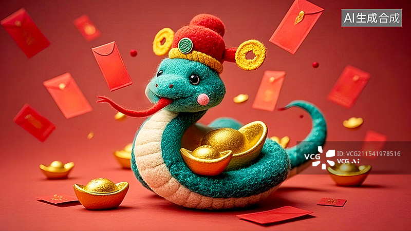 【AI数字艺术】毛毡风红色背景下财神蛇盘绕着元宝迎接红包雨图片素材