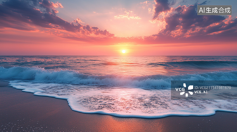 【AI数字艺术】黄昏美丽的火红色海滩图片素材