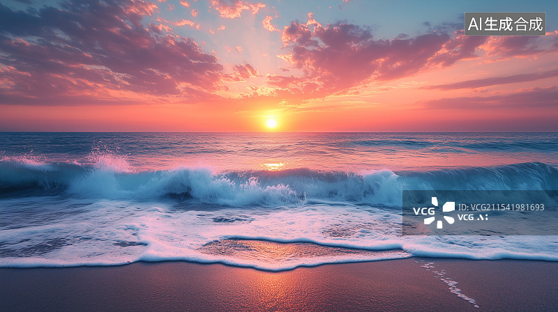 【AI数字艺术】黄昏美丽的火红色海滩图片素材