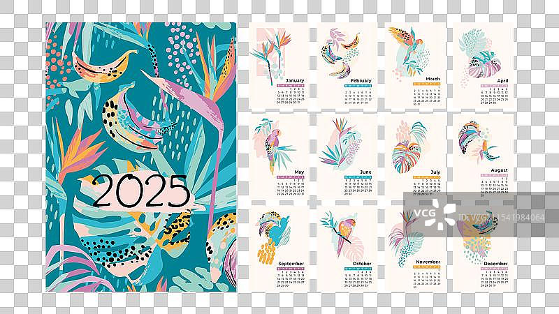 2025年日历，带有抽象的鹦鹉和植物图片素材