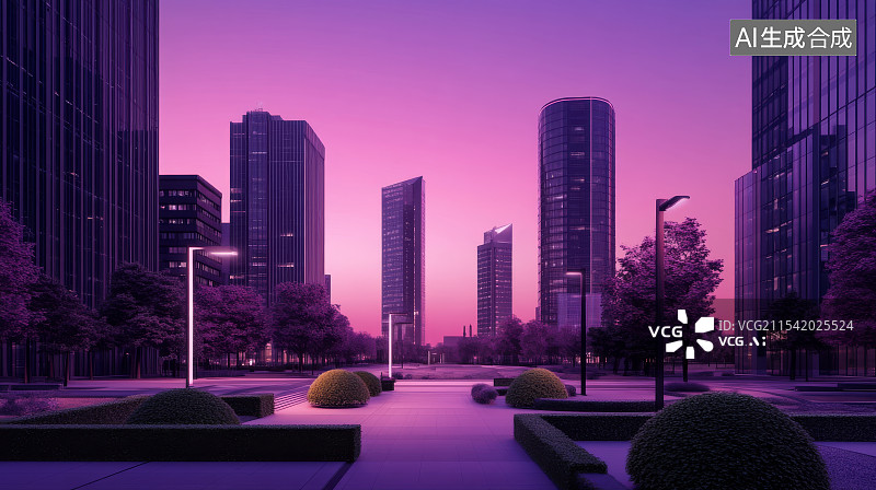 【AI数字艺术】紫色清晨城市步道图片素材