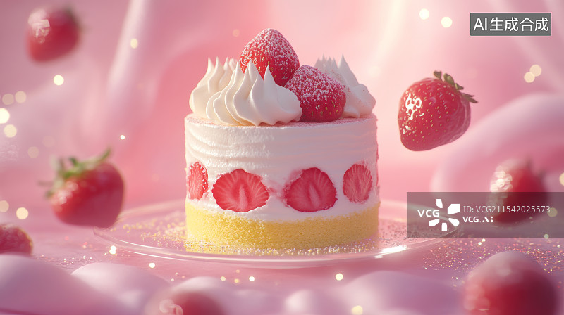 【AI数字艺术】草莓奶油蛋糕特写图片素材