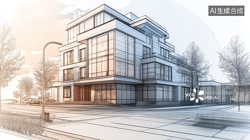 【AI数字艺术】现代建筑手绘草图与渲染对比图片素材