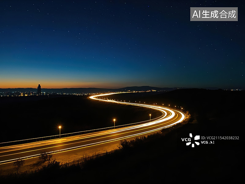 【AI数字艺术】夜幕下的高速公路，无尽旅程的起点图片素材