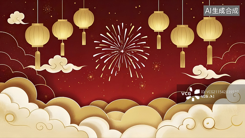 【AI数字艺术】中国风传统节日红灯笼与烟花背景图片素材