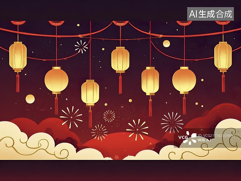 【AI数字艺术】中国风传统节日红灯笼与烟花背景图片素材