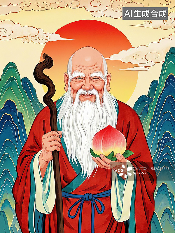 【AI数字艺术】一个寿星一手捧一个仙桃，一手拄拐杖，背景是青山祥云红日图片素材