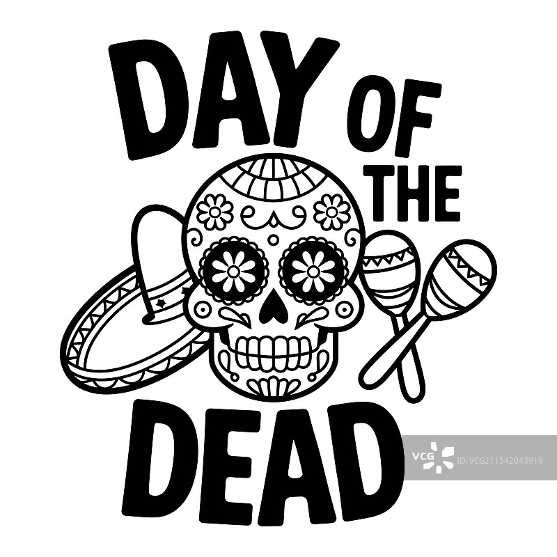 亡灵节的糖骷髅，戴着草帽，手持沙锤图片素材