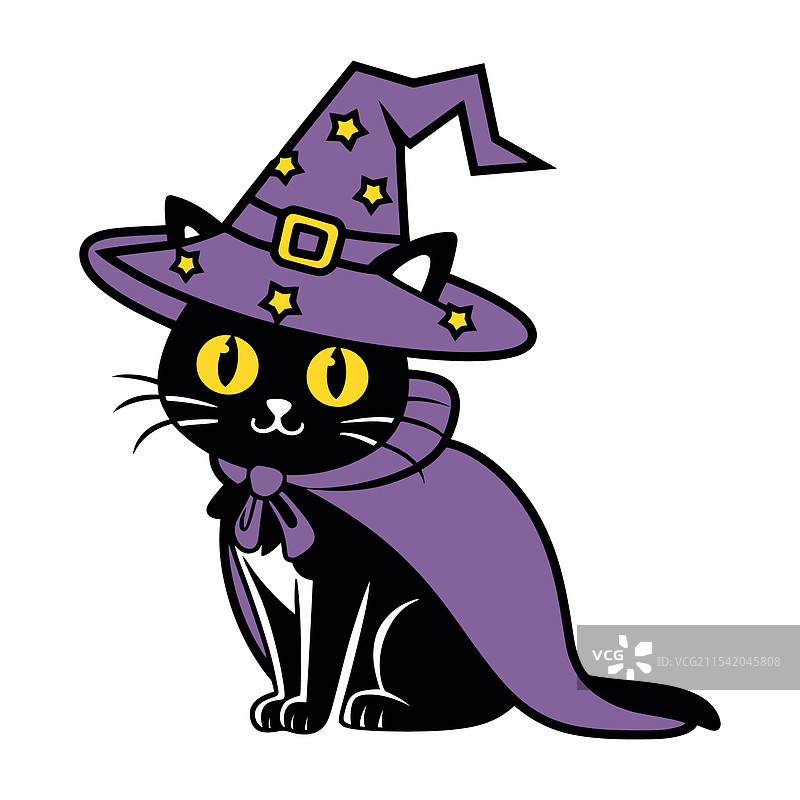 神秘的黑猫戴着星星图案的女巫帽和紫色装饰图片素材