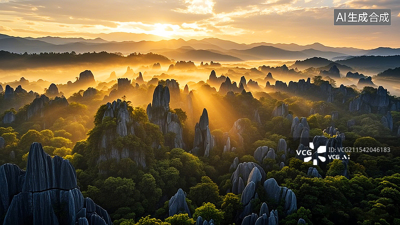 【AI数字艺术】夏季雨后石林日出航拍风光图片素材