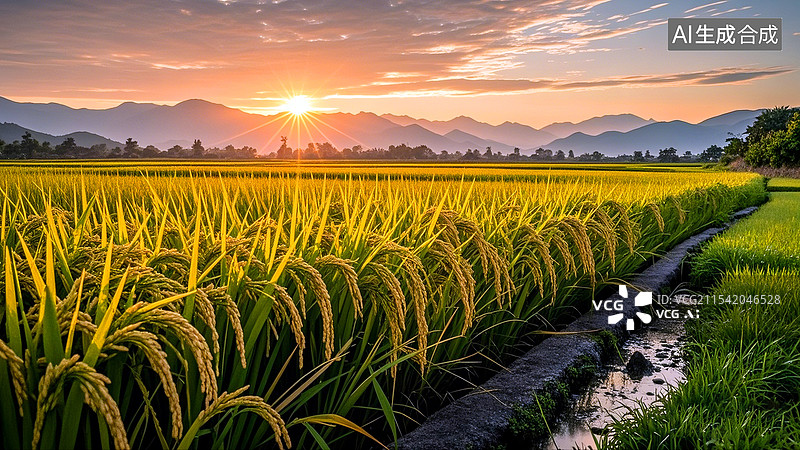 【AI数字艺术】日出稻田景观图片素材
