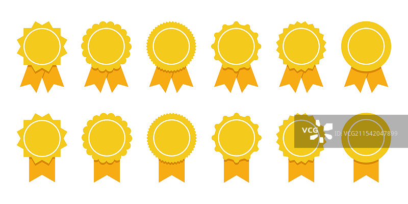 黄色丝带和横幅或带丝带的奖章套装图片素材