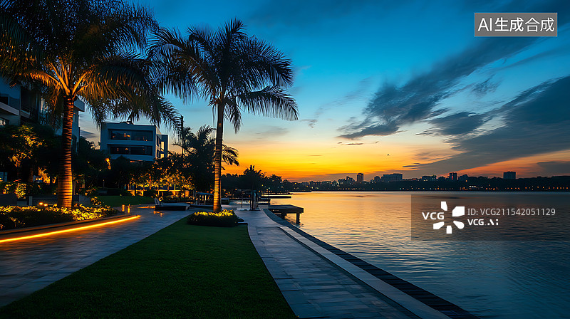 【AI数字艺术】夏季海滨城市的夜晚图片素材