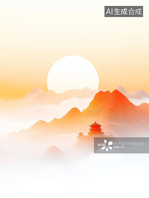 【AI数字艺术】太阳升起照耀山峰山顶上插画图片素材