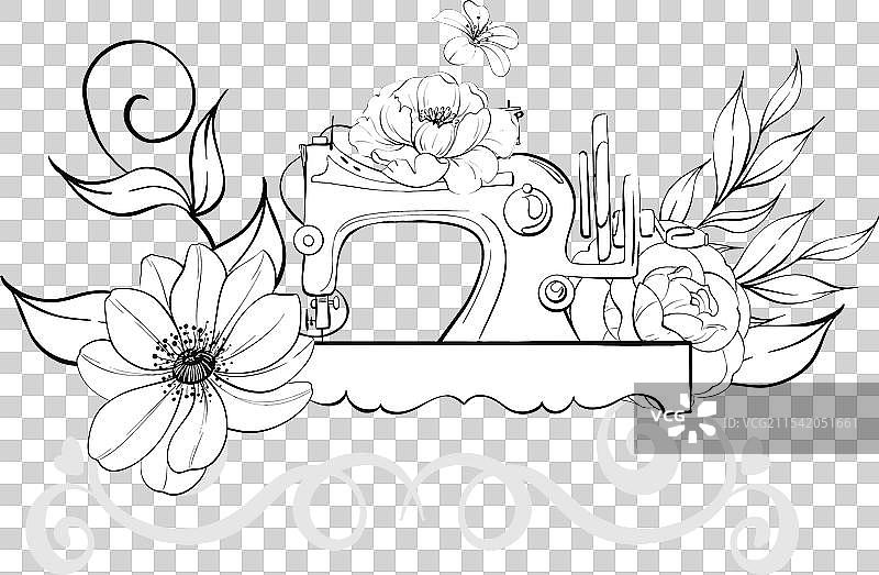 复古缝纫机与花卉边框图片素材