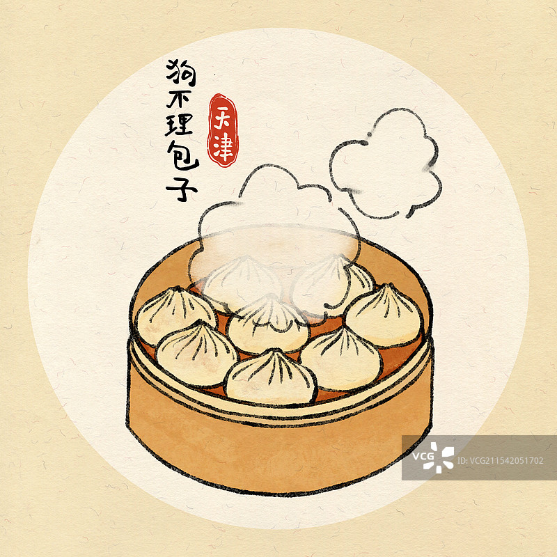 天津美食国风插画-狗不理包子图片素材