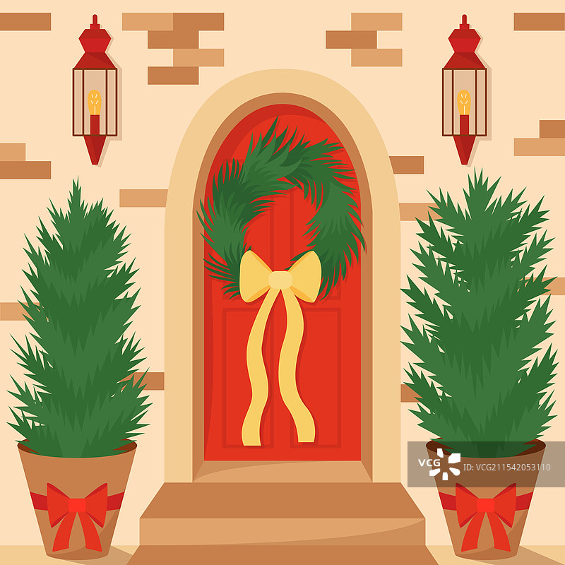 圣诞节前门装饰着花环图片素材