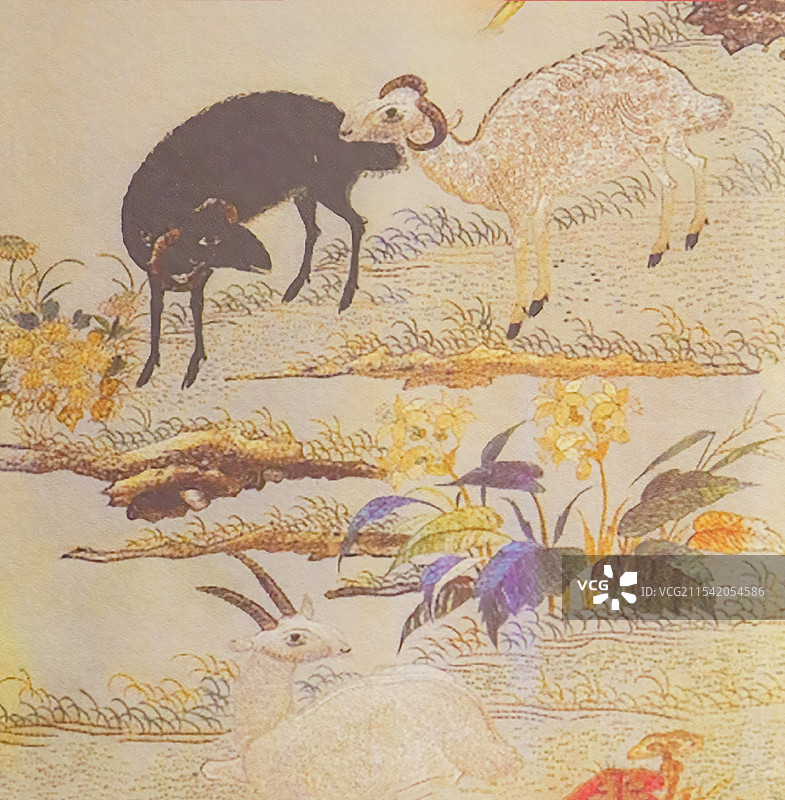 传统文化，古代刺绣吉祥图案，三羊开泰图片素材