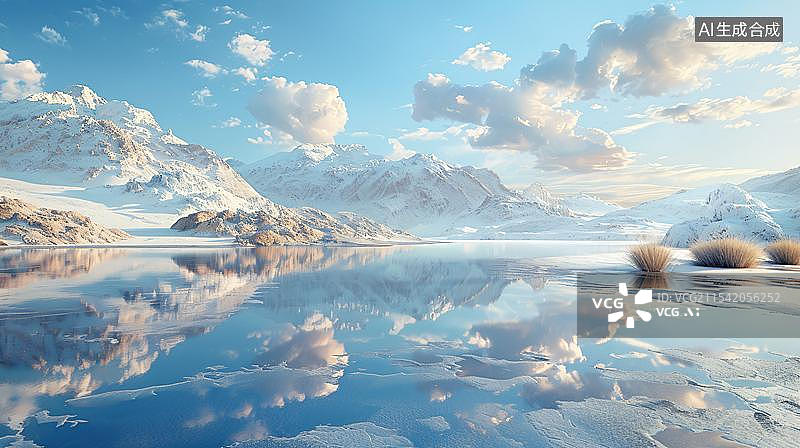 【AI数字艺术】蓝天白云下的盐湖空镜头图片素材