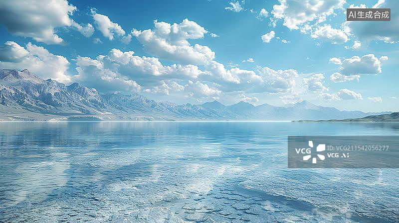 【AI数字艺术】蓝天白云下的盐湖空镜头图片素材