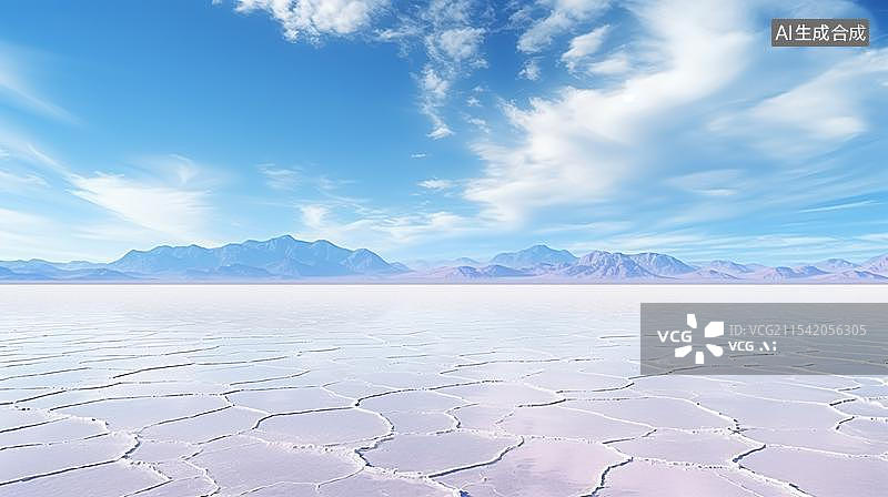 【AI数字艺术】蓝天白云下的盐湖空镜头图片素材