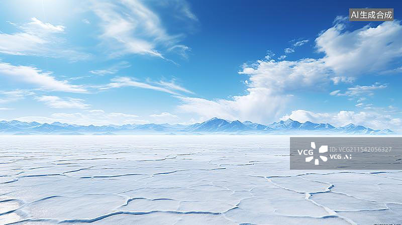 【AI数字艺术】蓝天白云下的盐湖空镜头图片素材