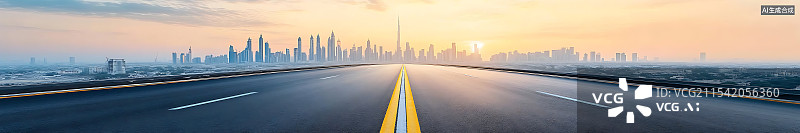 【AI数字艺术】速公路双黄线延伸至远处的城市天际线，呈现出惊人的细节和高清质量，完美适合作为设计背景素材，强调精湛的图片素材