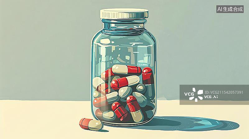 【AI数字艺术】玻璃药瓶里的胶囊插画图片素材