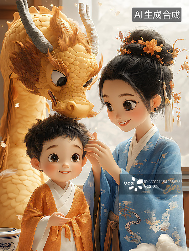 【AI数字艺术】二月二龙抬头龙头节概念插画，母亲给孩子理发图片素材