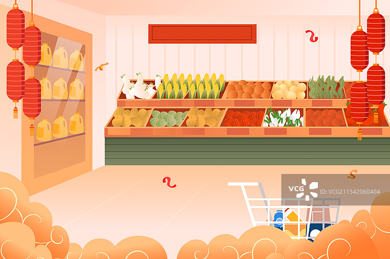 卡通年货节春节新年过年超市购物消费券商超买菜生活方式家人亲子情侣传统团圆电商促销中国风国潮矢量插画图片素材