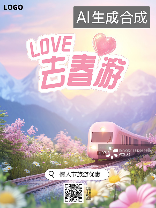 【AI数字艺术】520情人节春天旅游列车海报图片素材