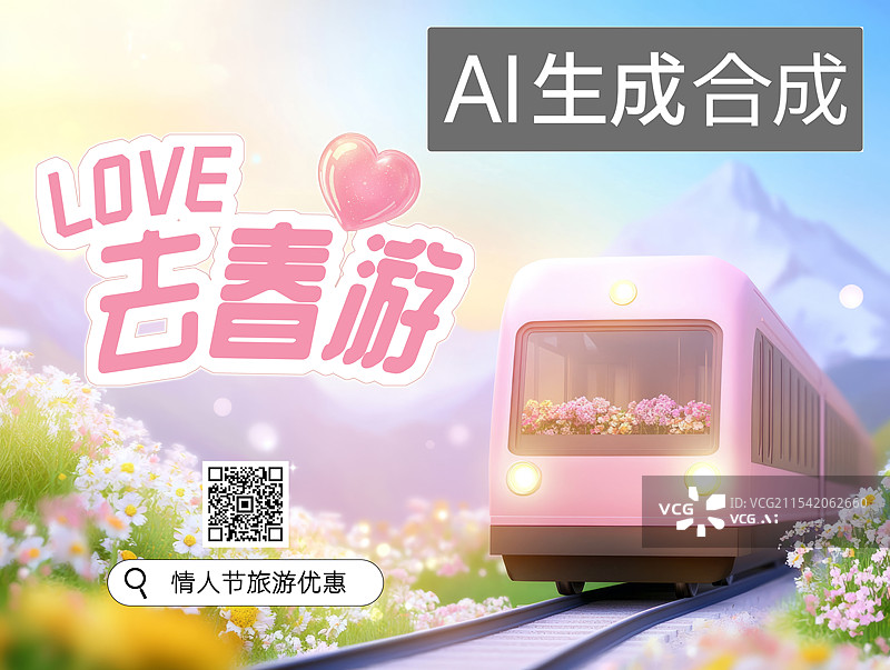 【AI数字艺术】520情人节春天旅游列车海报图片素材