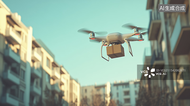 【AI数字艺术】城市建筑和送快递的无人机图片素材