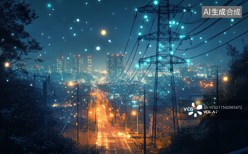 【AI数字艺术】城市夜景电力网络传输图片素材