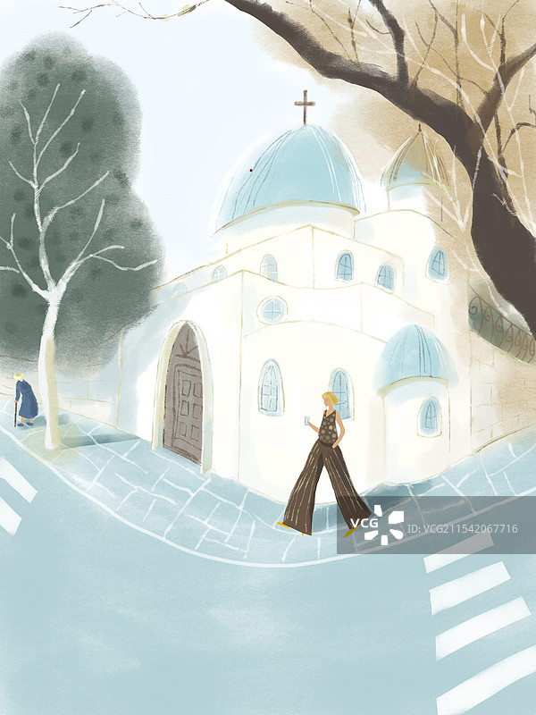 阳光午后女孩在绿荫环绕的教堂建筑附近散步图片素材