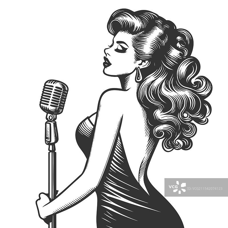 手持麦克风的女性歌手雕刻图案图片素材