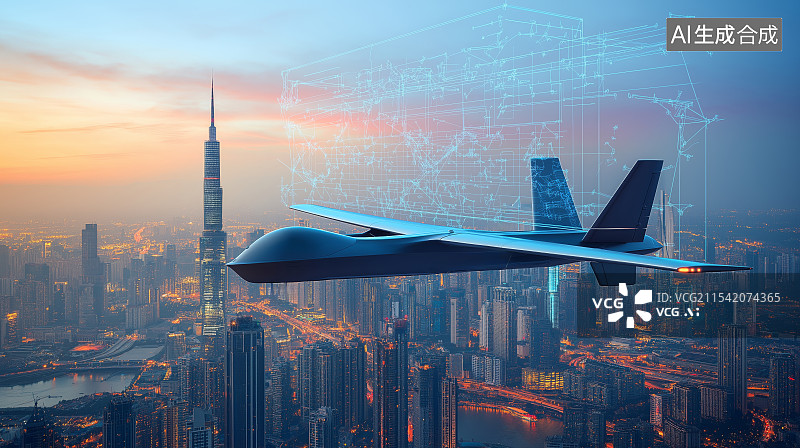 【AI数字艺术】低空经济飞行在城市上空的无人机图片素材