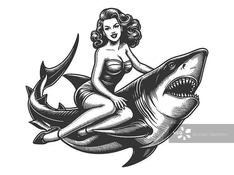 骑着鲨鱼的性感女郎雕刻画图片素材